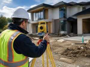 Construction surveyor using surveying equipment at a residential construction site before home addition work
