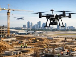 LiDAR mapping drone capturing site data above a redevelopment construction project for planning and land analysis