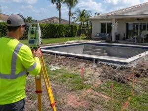 Residential land survey in progress near a backyard pool project with survey markers and site measurements 