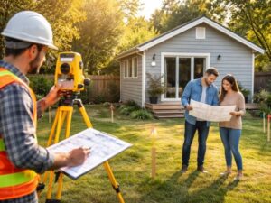 Residential land surveyor reviewing property measurements while homeowners examine survey plans before a project