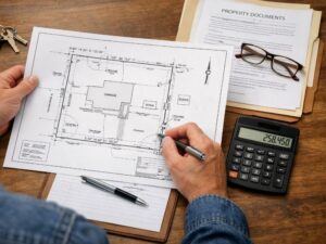 Hands reviewing a property survey plan with a pen on a desk showing boundary layout and building measurements during the boundary survey process