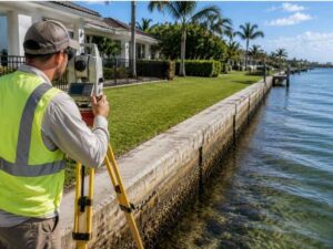 Land survey for fence in Fort Lauderdale Florida showing a surveyor measuring a waterfront property near an old seawall before fence installation