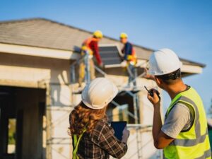 House stakeout at a residential construction site in Fort Lauderdale, FL, with survey and building crews checking the home layout.