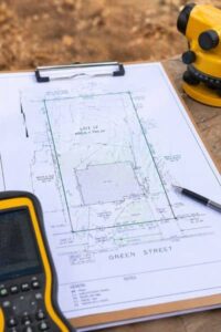 Survey plan showing property boundaries and measurements being checked on site