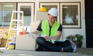 Person reviewing property plans outside a home to see if the layout still matches the actual property