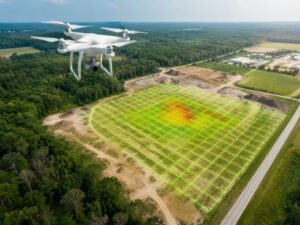 A drone flies over a grid-marked field with a green-to-red thermal heat map, surrounded by trees and a road nearby.