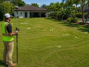 Surveyor mapping elevation changes in a residential backyard for a topographic survey before construction