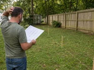 Homeowner reviewing property boundary measurements before fence installation with survey stakes marking the lot line