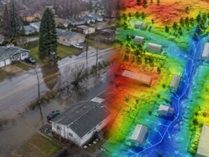 LiDAR mapping showing flood risk and drainage flow patterns across a residential property after heavy rainfall