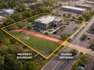 Aerial view of a commercial property showing boundary lines, a utility easement, and shared access near an active redevelopment corridor.