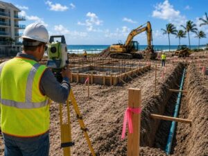 Construction staking surveyor using a total station to mark foundation and utility locations during multiple phases of a coastal construction project.