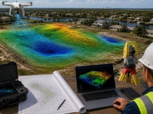 Drone surveying a site: color-coded elevation map spreading across a cleared field with a laptop, map, and survey equipment in foreground.