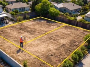 Vacant residential lot with bright yellow boundary lines; a surveyor in an orange vest and hard hat operates a tripod-mounted instrument.