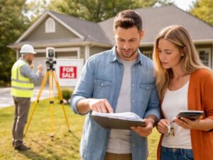 Couple reviewing sale documents in front of a for-sale house, with a surveyor and equipment in the yard behind them.