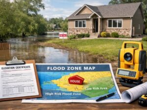 Flooded yard with a 'For Sale' house, flood map and survey tools in foreground indicating flood risk for the property.