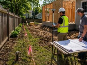Property line markers being verified by a land surveyor before a home renovation to confirm the legal boundary for a new residential addition. 