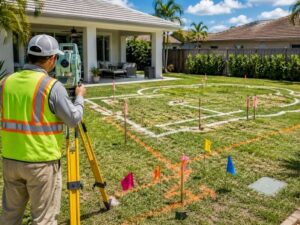 Licensed land surveyor marking a residential backyard for a proposed swimming pool while identifying easements and utility locations before construction.