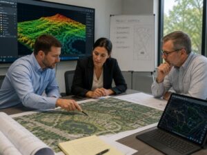 Project team reviewing aerial survey and LiDAR mapping data during a large site planning meeting.