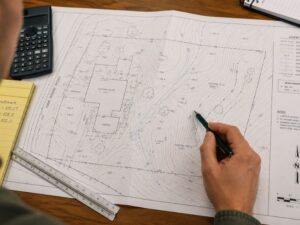 Surveyor reviewing a topographic survey showing contour lines and elevation details before submitting plans for a building permit in Fort Lauderdale, Florida.