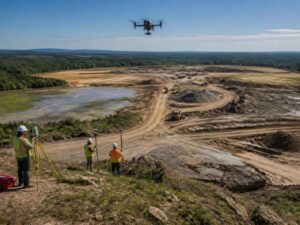 Drone and ground survey crews mapping a large active development site for topographic data and earthwork planning in Fort Lauderdale, Florida.
