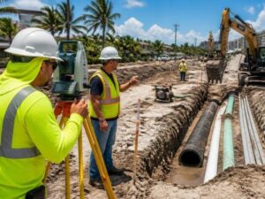 Construction surveyors staking utility lines and grades beside an open trench in Fort Lauderdale, Florida.