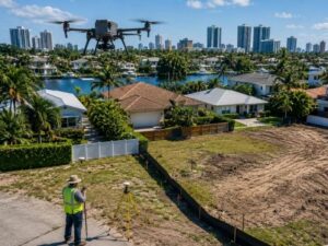 Drone land surveying an infill residential construction site to capture topographic data in Fort Lauderdale, FL.