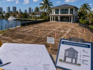 Elevation survey equipment and site plans at a waterfront construction site in Fort Lauderdale, FL before foundation design.