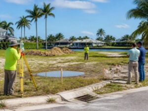 Surveyors measuring ground elevations on a low-lying waterfront lot before construction in Fort Lauderdale, Florida.