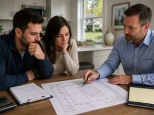 Homebuyers reviewing property survey documents with a real estate professional in Fort Lauderdale, Florida, highlighting the importance of checking whether a mortgage survey is current before closing on a home.