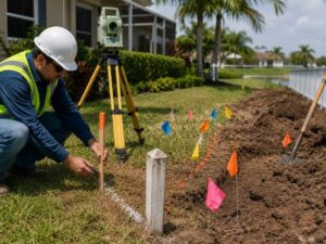 Licensed land surveyor marking a property boundary near utility locate flags and an excavation area, demonstrating why property line markers alone should not be used as a reference for digging projects. 