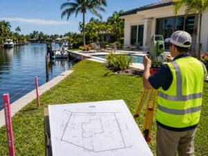 Licensed surveyor performing a residential land survey to verify canal lot boundaries before waterfront renovations at a canal home in Fort Lauderdale, Florida.
