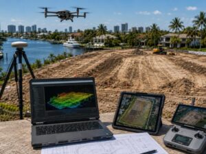 UAV survey collecting LiDAR data for earthwork planning at a waterfront construction site in Fort Lauderdale, FL.