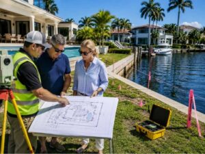 Accurate site information for waterfront home improvements at a canal-front property in Fort Lauderdale, Florida, with a surveyor measuring the site before renovation planning. 
