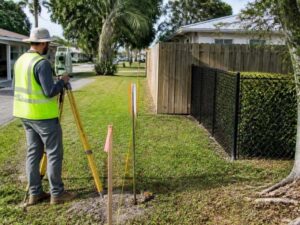 Cadastral surveyor checking boundary markers beside conflicting fence lines on adjoining properties in Fort Lauderdale, Florida.