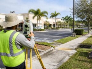 Commercial property surveyor reviewing boundaries, easements, utilities, parking, and site improvements in Fort Lauderdale, Florida.
