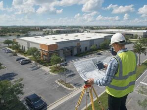 Licensed land surveyor reviewing commercial site plans while inspecting a warehouse and office complex during a due diligence survey in Fort Lauderdale, Florida.