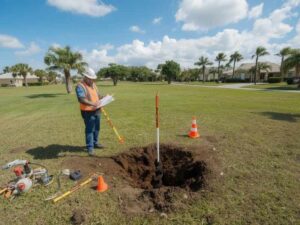 Soil technician performing a perc test on a vacant residential lot to evaluate drainage and septic suitability before land purchase in Fort Lauderdale, Florida.