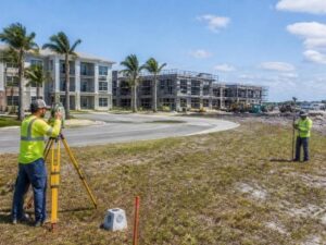 Two survey crews establishing control across completed and active phases of a large development in Fort Lauderdale, Florida.
