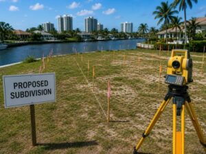 Survey equipment and proposed subdivision layout on a waterfront infill lot in Fort Lauderdale, FL prepared for subdivision survey and plat development.
