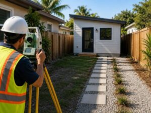 Construction surveyor measuring a narrow residential lot for an ADU project in Fort Lauderdale, Florida, to support accurate site planning and building placement.
