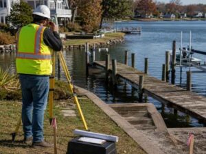 Land Surveying in Fort Lauderdale, Florida documenting waterfront property conditions before residential dock replacement.