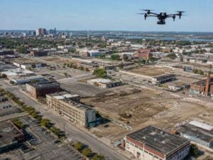 LiDAR mapping drone surveying a large redevelopment project site in Fort Lauderdale Florida to support accurate planning and site evaluation