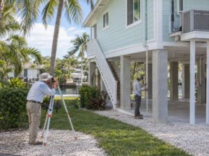 Flood Elevation Certificate surveyor measuring a raised waterfront home in Fort Lauderdale, Florida