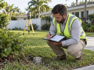 Professional Land Surveyor documenting a property corner monument for a boundary report in Fort Lauderdale, Florida.